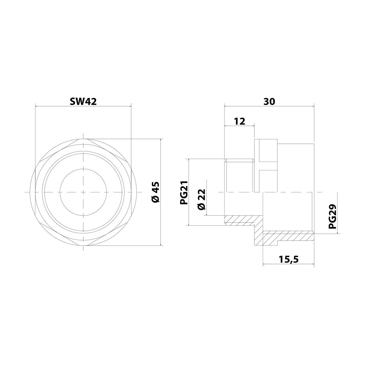 Technische Zeichnung eines zylindrischen Bauteils mit zwei Ansichten: Vorder- und Seitenansicht. Abmessungen umfassen Durchmesser 45, SW42, Länge 30 und PG29.