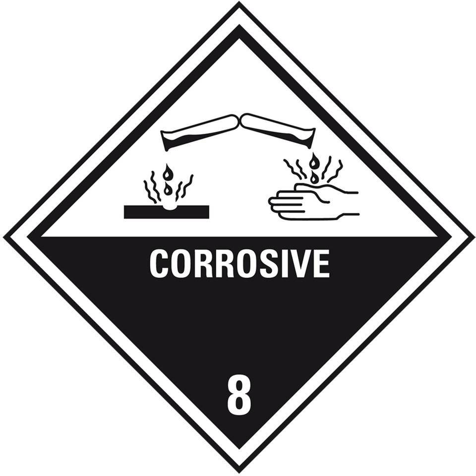 Verpackungskennzeichen Kl.8 Corrosive, Folie, seewasserbeständig, 100x100mm, 500/Rolle, IMDG-Code, GGVSEB, ADR