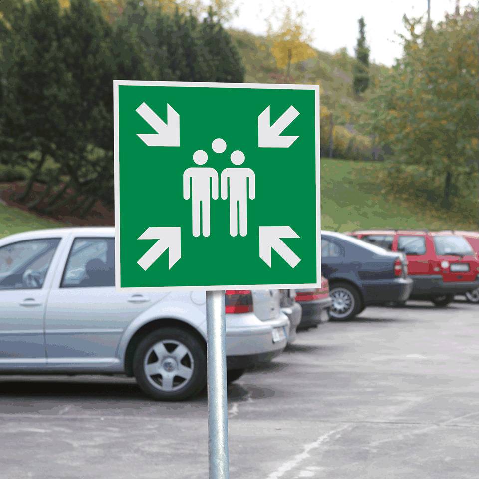 Rettungszeichen Sammelstelle, Aluminium, 600x600mm, ASR A1.3, DIN EN ISO 7010 E007