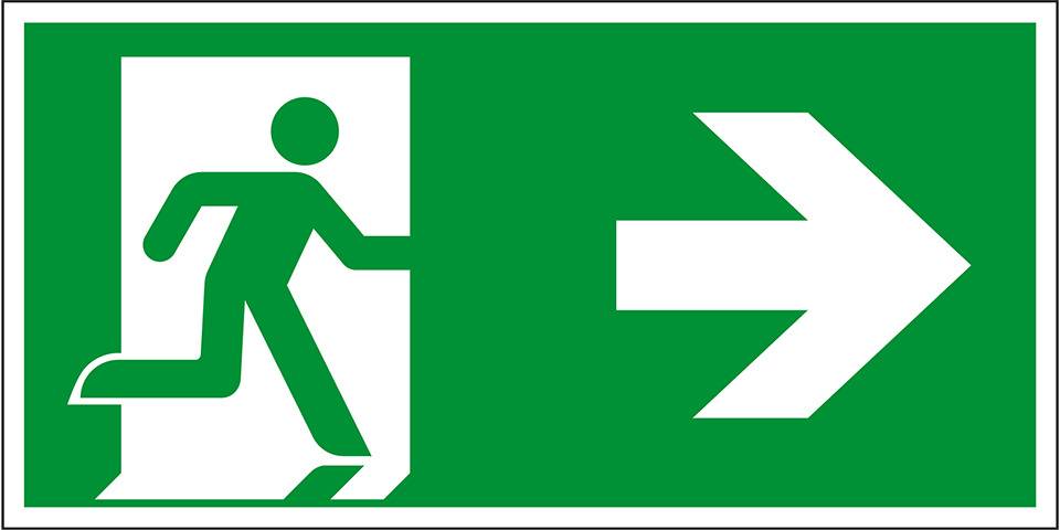 Rettungszeichen Rettungsweg rechts, Pfeil, Folie, selbstklebend, 400x200mm, ASR A1.3, DIN EN ISO 7010 E002