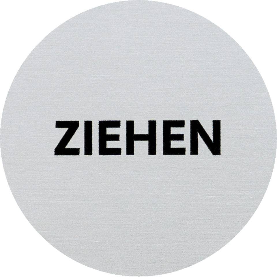 Türschild Ziehen, Vollaluminium, silber eloxiert, selbstklebend, Ø 60mm