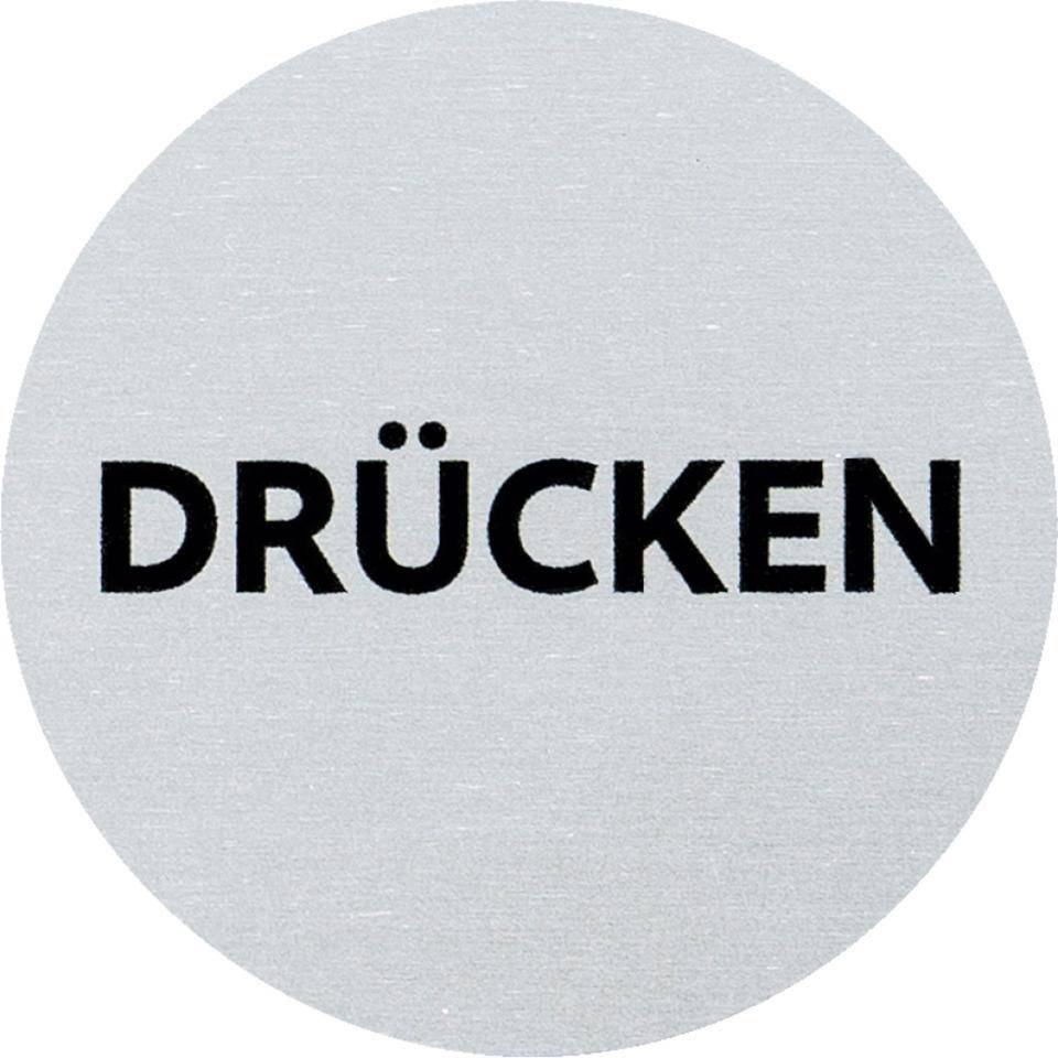 Türschild Drücken, VollAluminium, silber eloxiert, selbstklebend, Ø 60mm