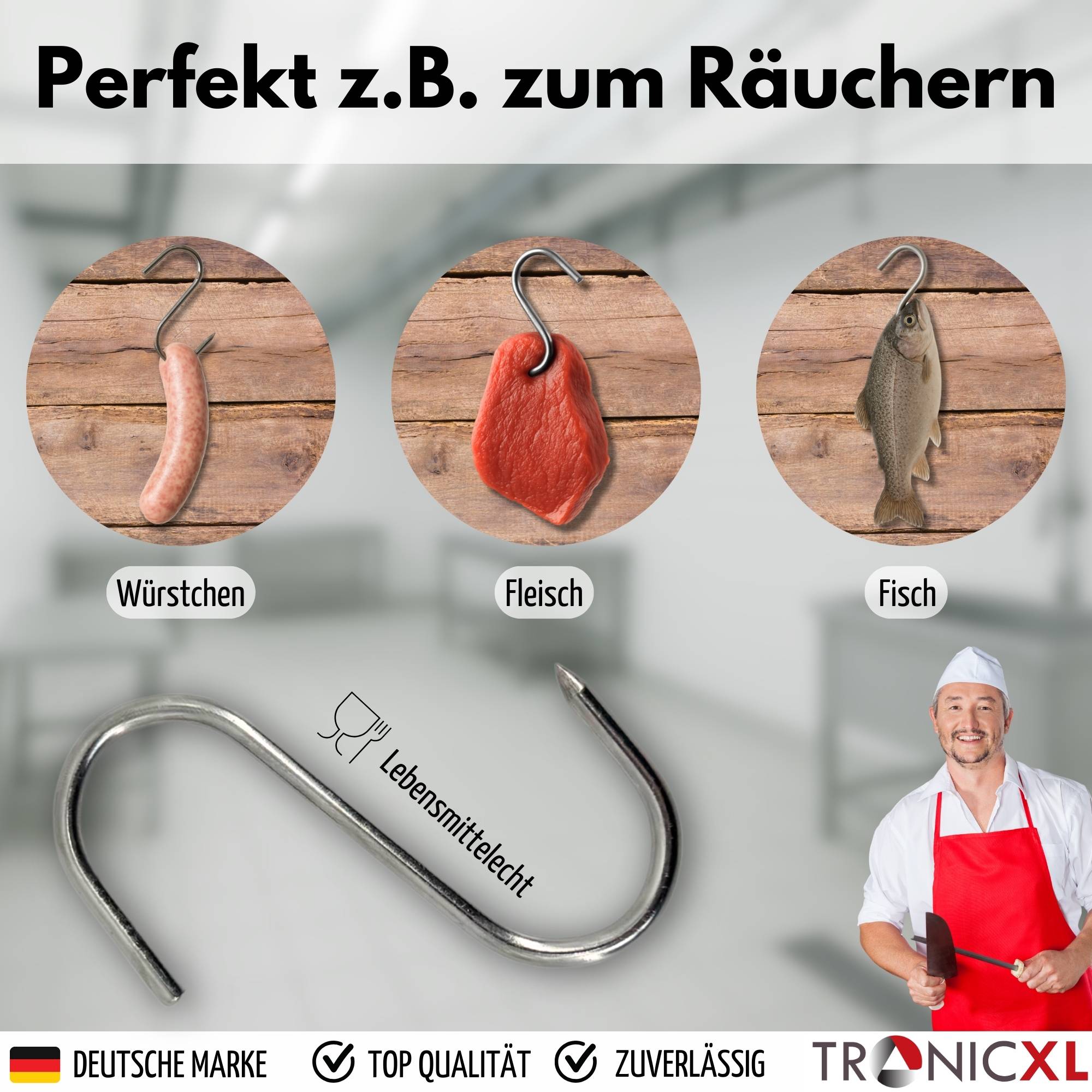 5 x S-Haken 80mm Küche Aufhängung Haken Metzgerei Zubehör Fleischhaken Fleischerhaken Metzgerhaken Metzgereihaken
