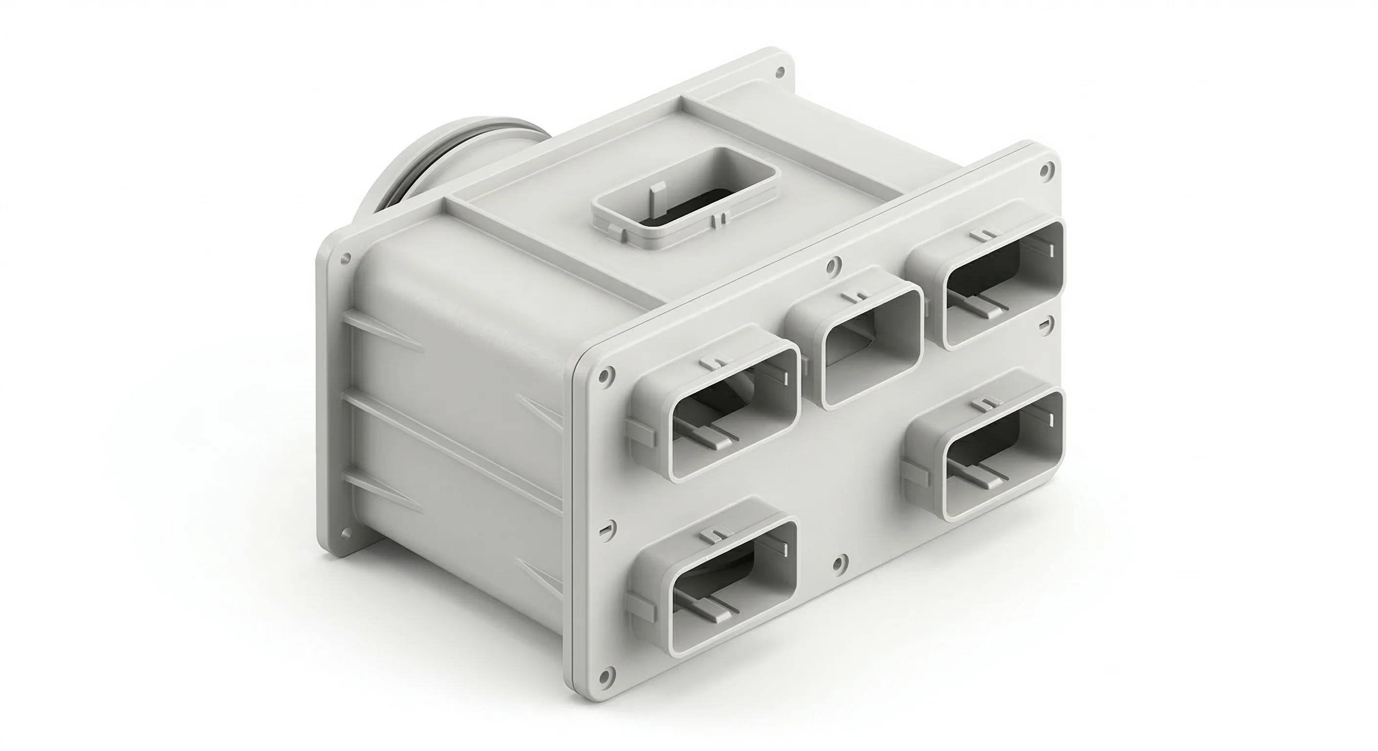 Ein rechteckiges, mehrpolanschluss-Elektrosteckermodul mit sechs Schlitzen, konzipiert für die Verwendung in elektrischen Schaltschränken oder Maschinen.