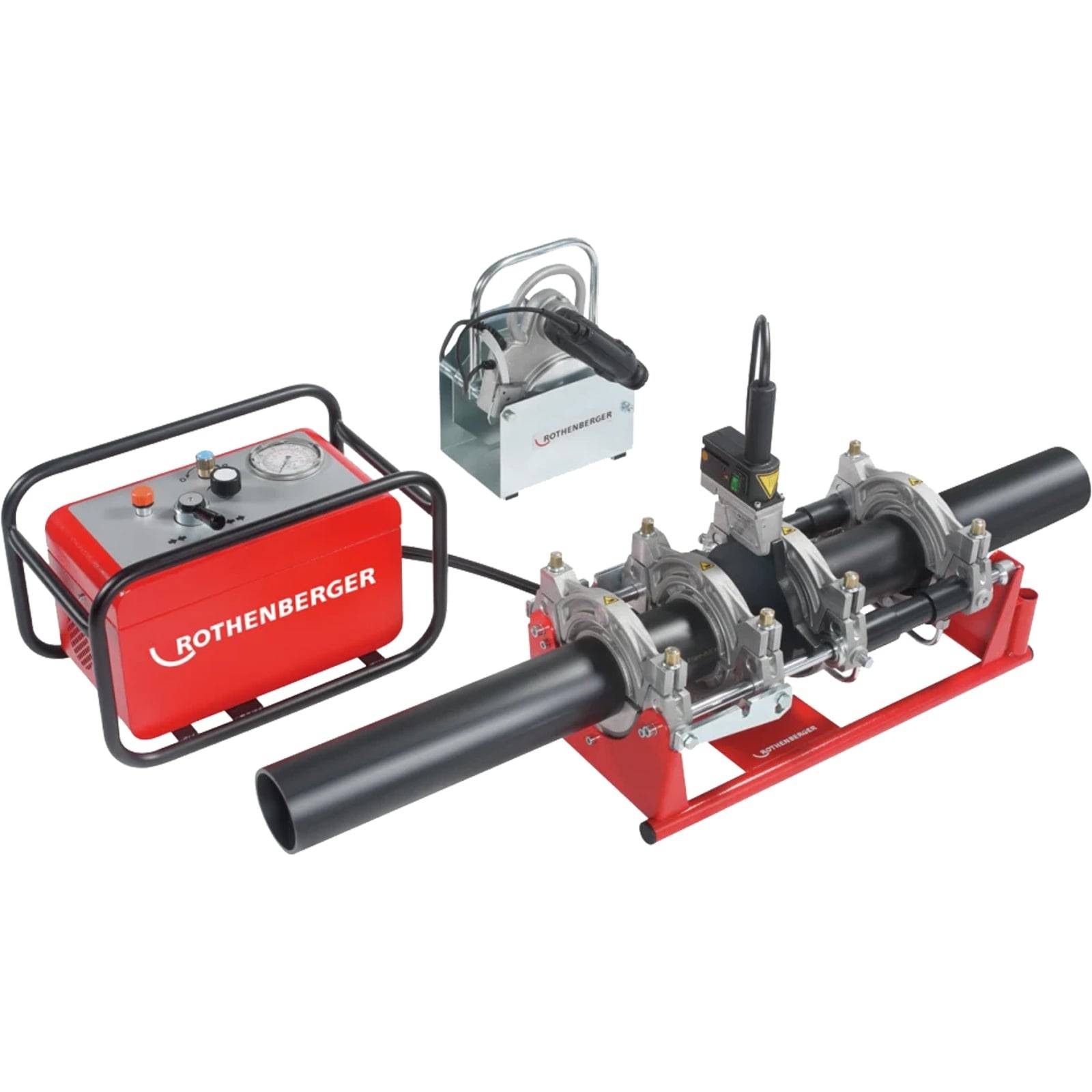 Eine rote und graue Rohrverschmelzungsmaschine mit Bedienfeld und angeschlossenen schwarzen Rohren, die zum sicheren Verbinden von Rohrleitungsabschnitten verwendet wird.