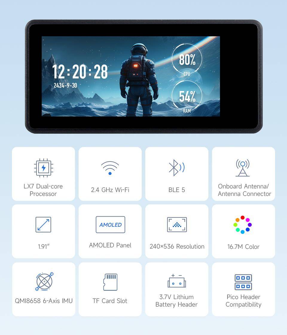 Waveshare ESP32 S3 Mikrocontroller, 240 MHz, 16 MB Flash, Wi-Fi, BT5, 1.91 Zoll AMOLED Display - Display: Touchscreen - Ausführung: mit Header