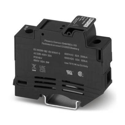 Schwarze Phoenix Contact DIN-Schienen-Schutzschaltermodul mit aufgedruckten elektrischen Nennwerten auf der Vorderseite.
