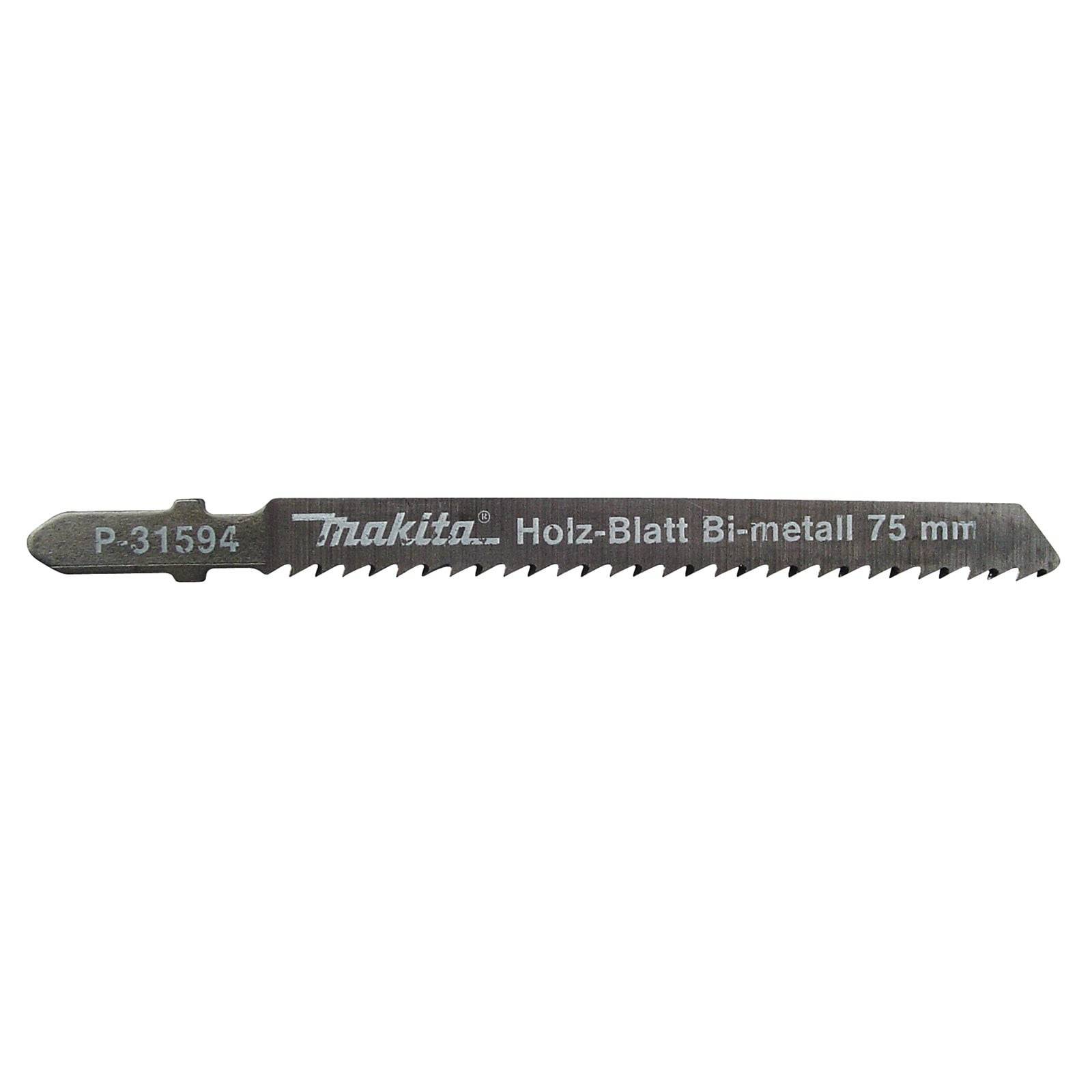 Ein 'Makita' Stichsägeblatt, gekennzeichnet als 'Holz-Blatt Bi-metall 75 mm', entwickelt zum Schneiden von Holz und Metall.
