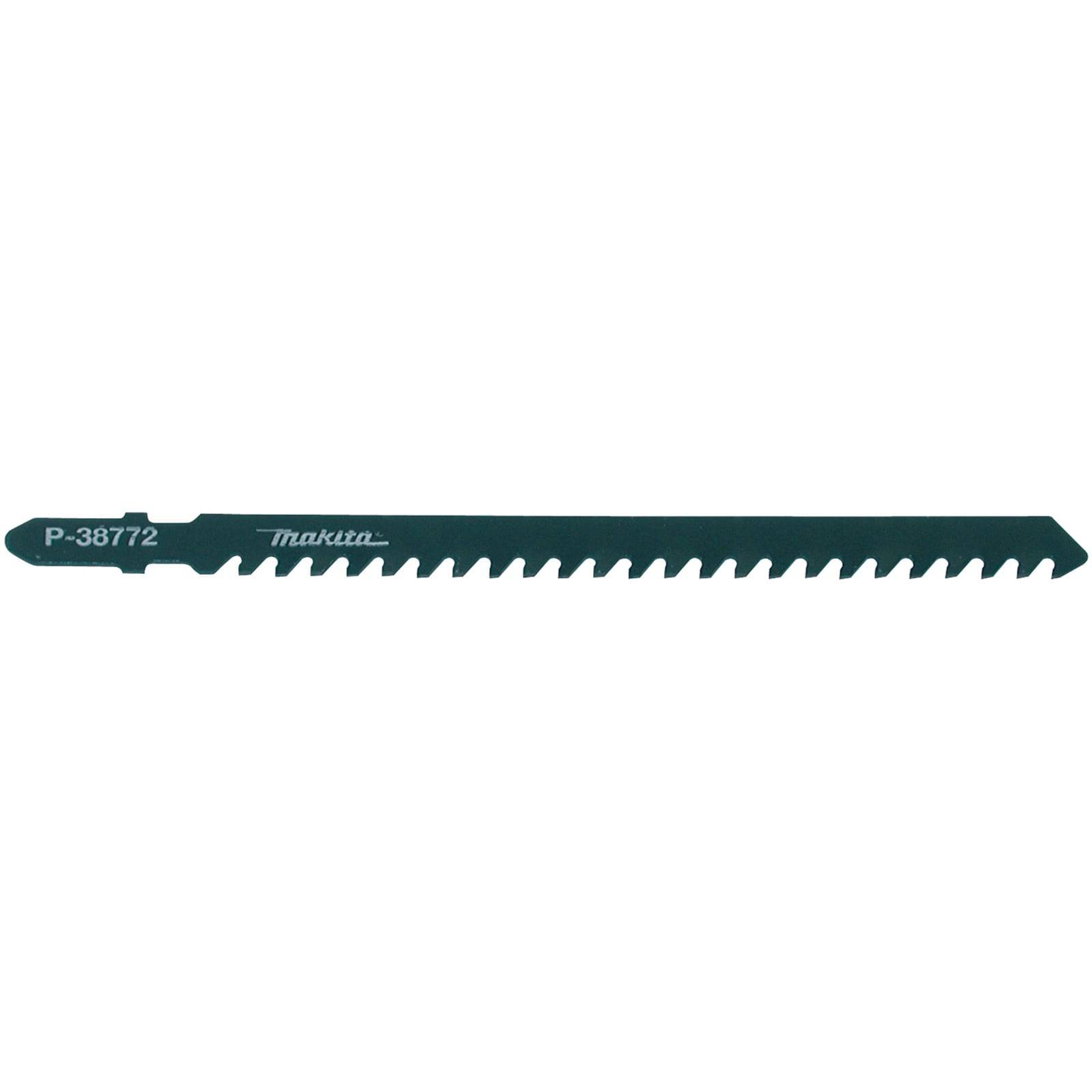 Eine schwarze Makita Stichsägeblatt mit scharfen Zähnen, Modell P-38772, entwickelt zum Schneiden von Materialien.