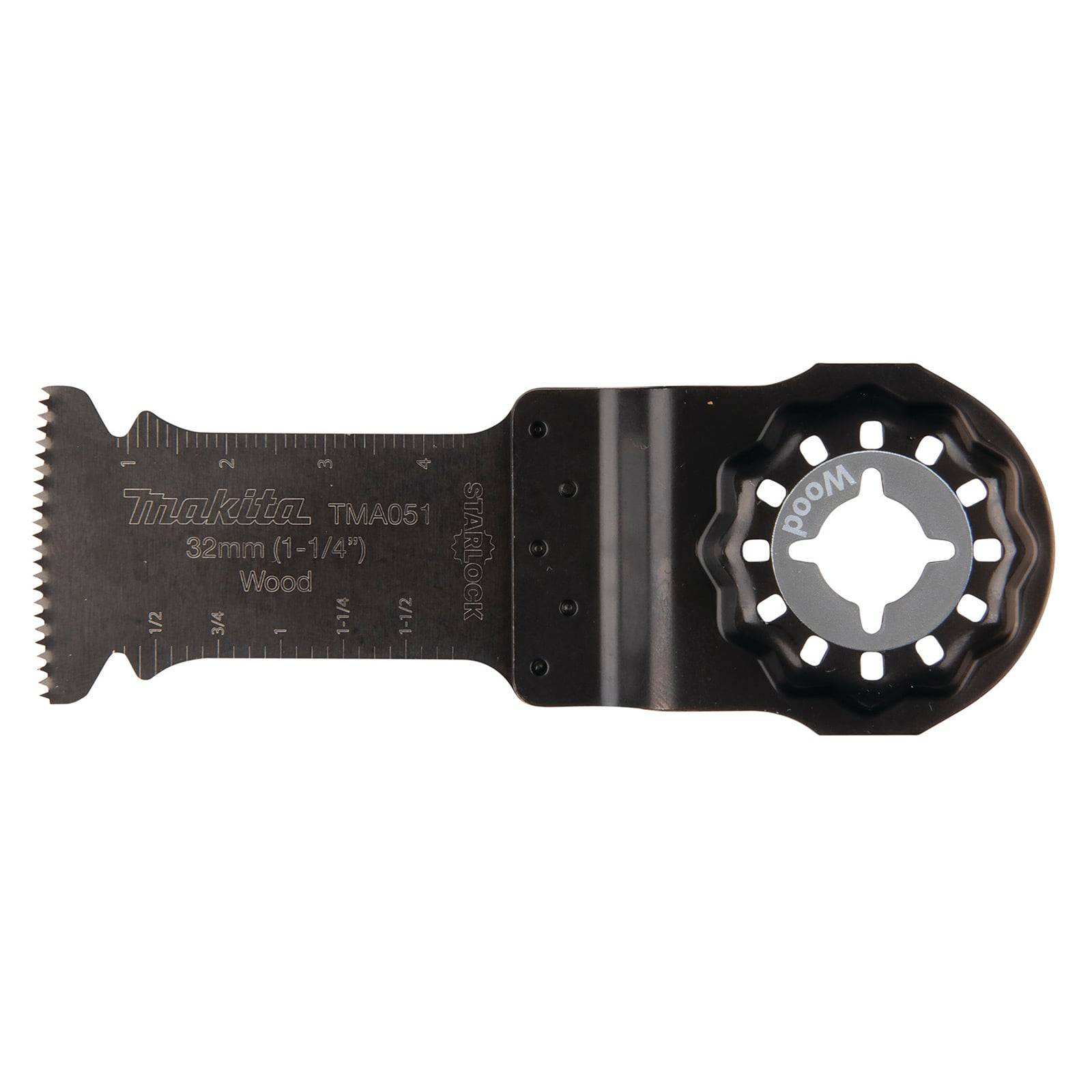 Eine schwarze Makita Sägeblatt-Befestigung für Holz, gekennzeichnet mit '32mm (1-1/4