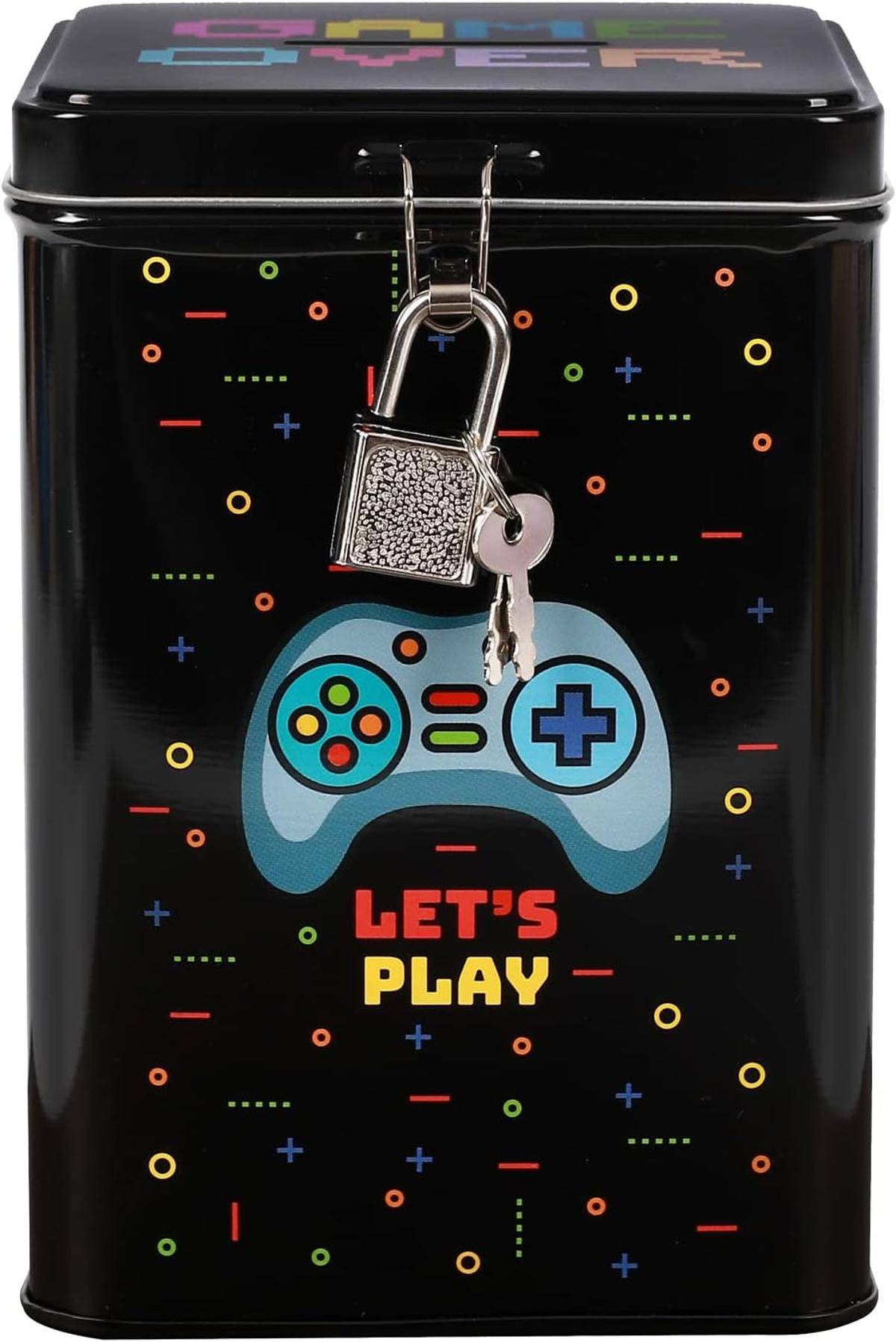 I-TOTAL® Spardose mit Vorhängeschloss Schlüssel Sparbüchse Metall Let's Play