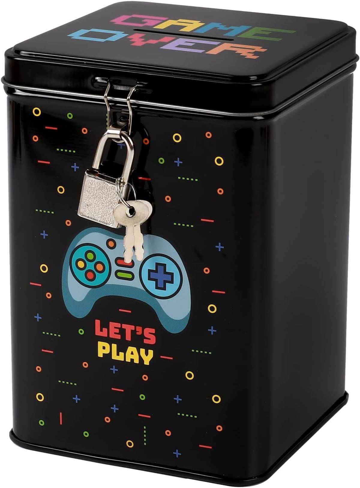 I-TOTAL® Spardose mit Vorhängeschloss Schlüssel Sparbüchse Metall Let's Play