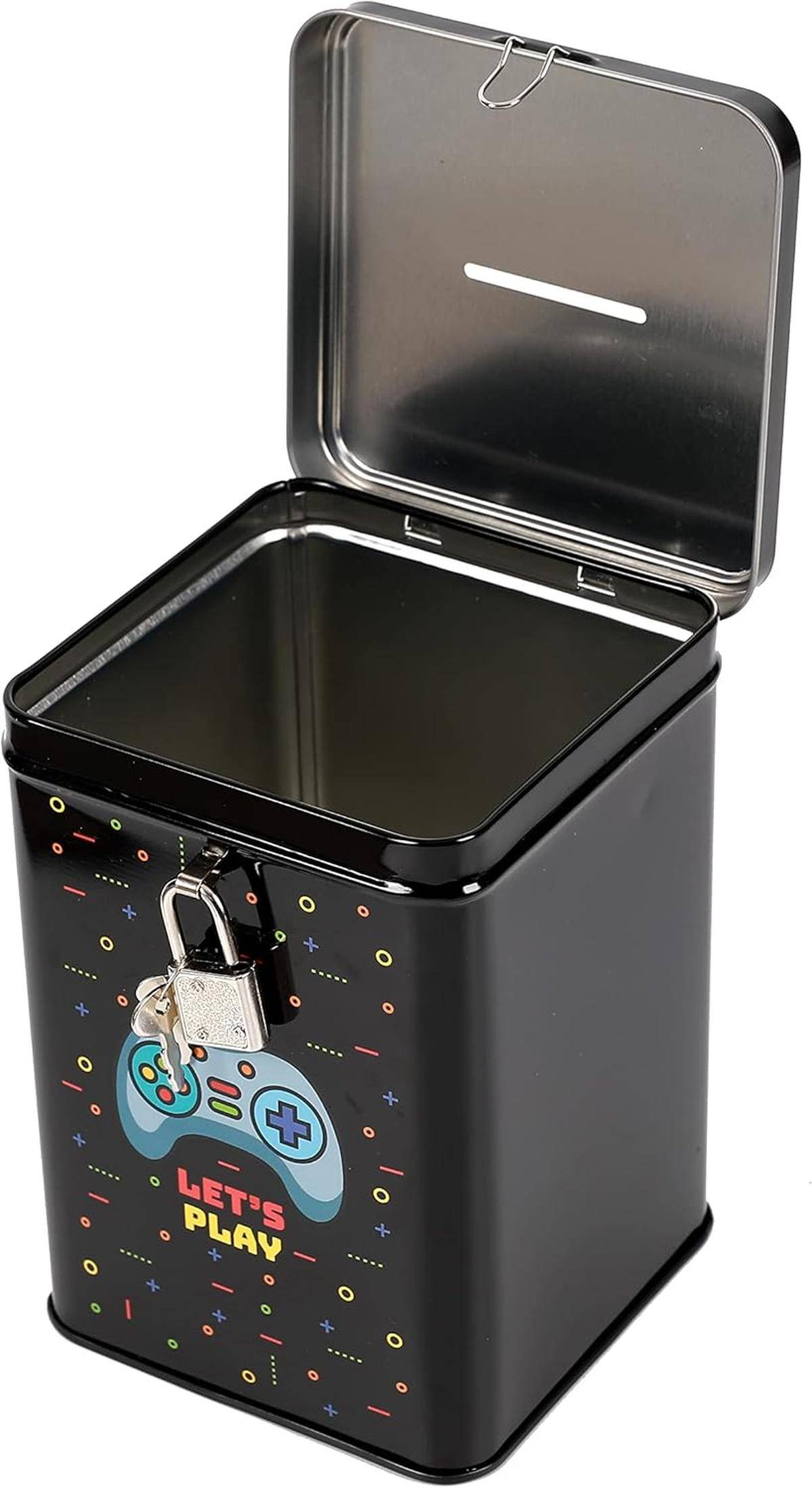 I-TOTAL® Spardose mit Vorhängeschloss Schlüssel Sparbüchse Metall Let's Play