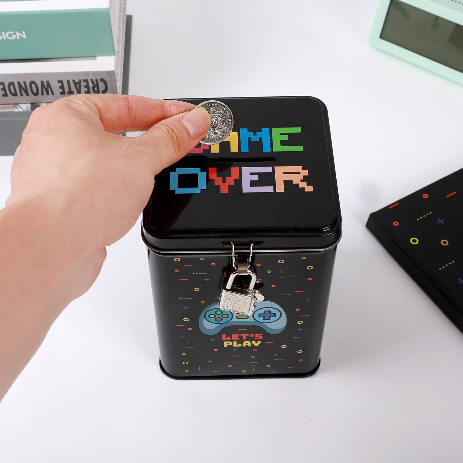 I-TOTAL® Spardose mit Vorhängeschloss Schlüssel Sparbüchse Metall Let's Play