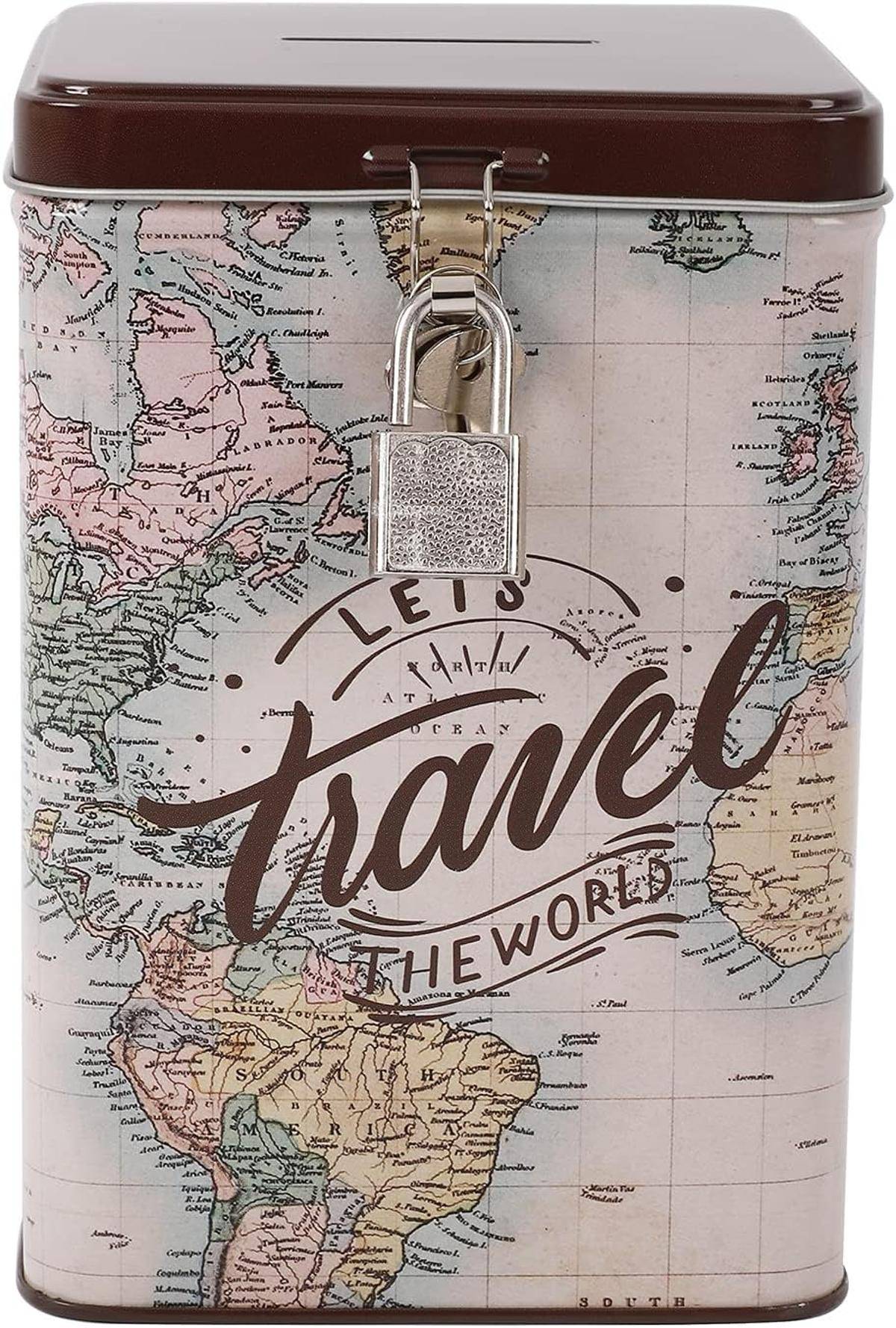 I-TOTAL® Spardose mit Vorhängeschloss Schlüssel Sparbüchse aus Metall MAPS