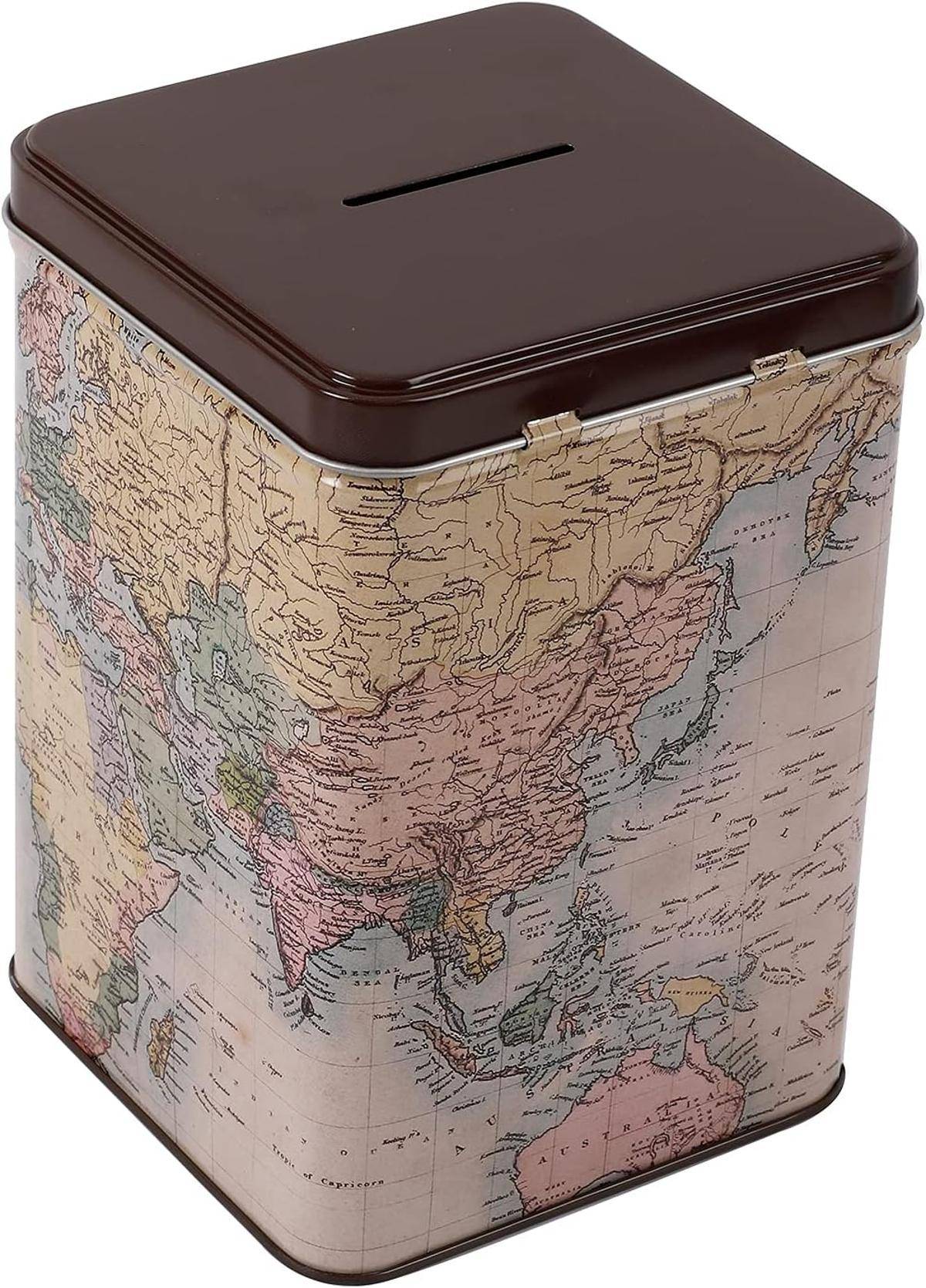 I-TOTAL® Spardose mit Vorhängeschloss Schlüssel Sparbüchse aus Metall MAPS