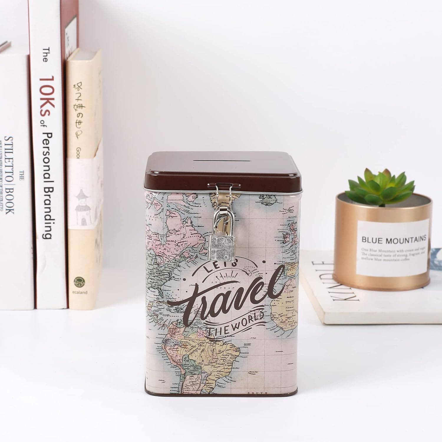 I-TOTAL® Spardose mit Vorhängeschloss Schlüssel Sparbüchse aus Metall MAPS