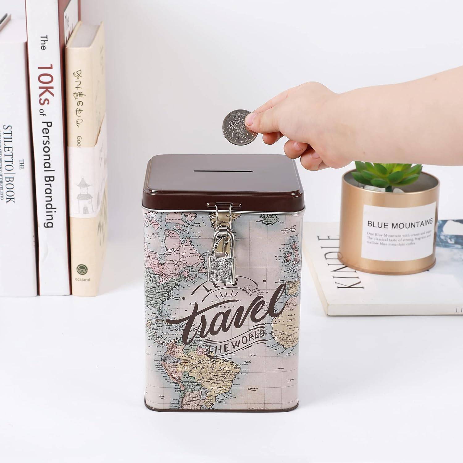 I-TOTAL® Spardose mit Vorhängeschloss Schlüssel Sparbüchse aus Metall MAPS