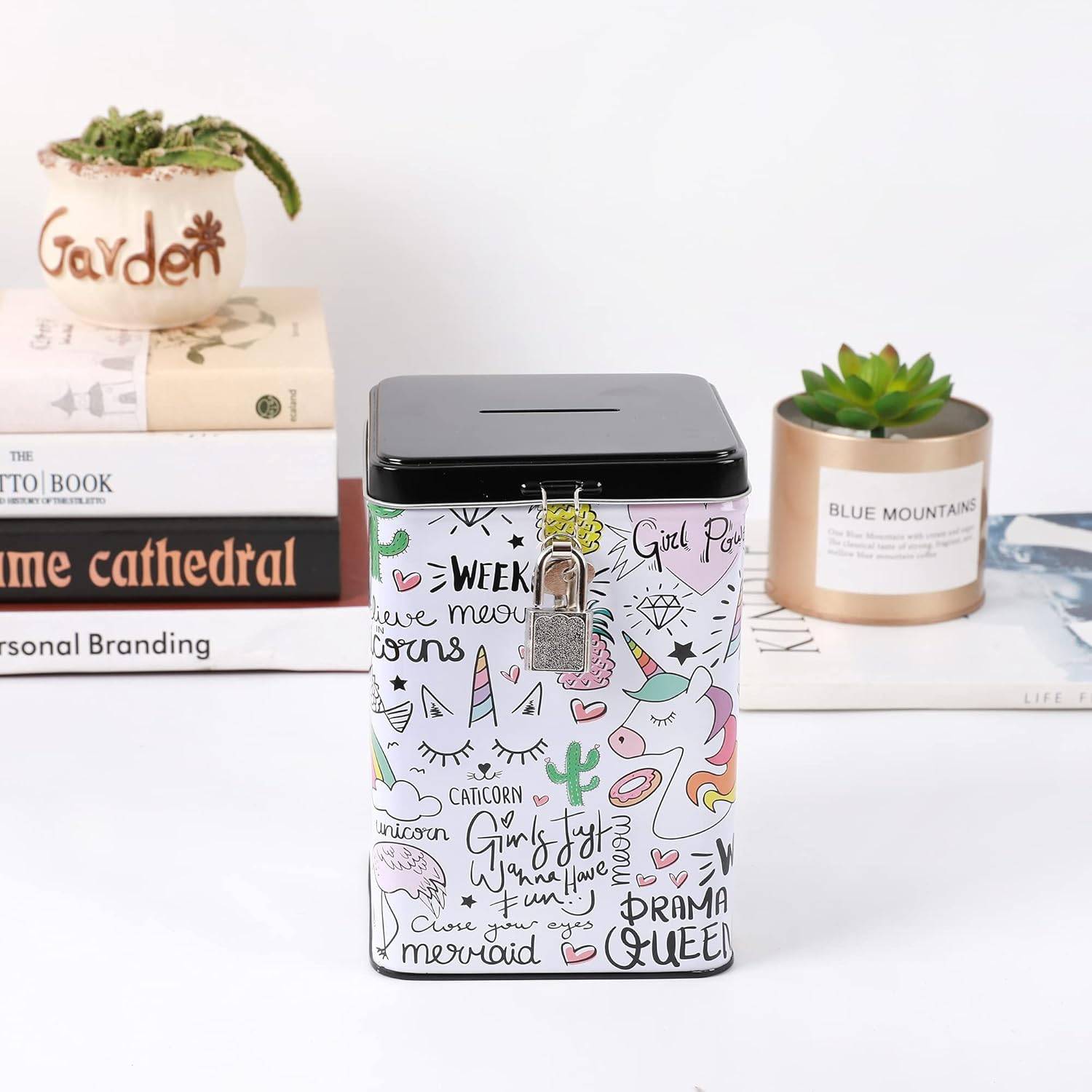 I-TOTAL® Spardose Vorhängeschloss Schlüssel Sparbüchse Metall Einhorn