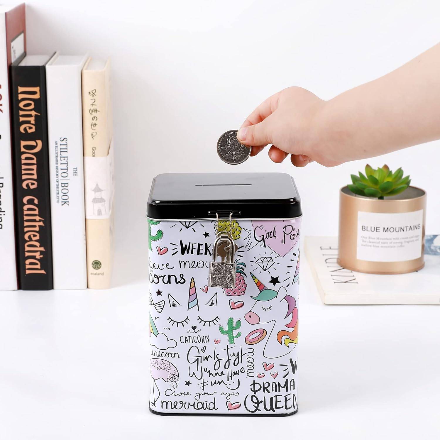 I-TOTAL® Spardose Vorhängeschloss Schlüssel Sparbüchse Metall Einhorn