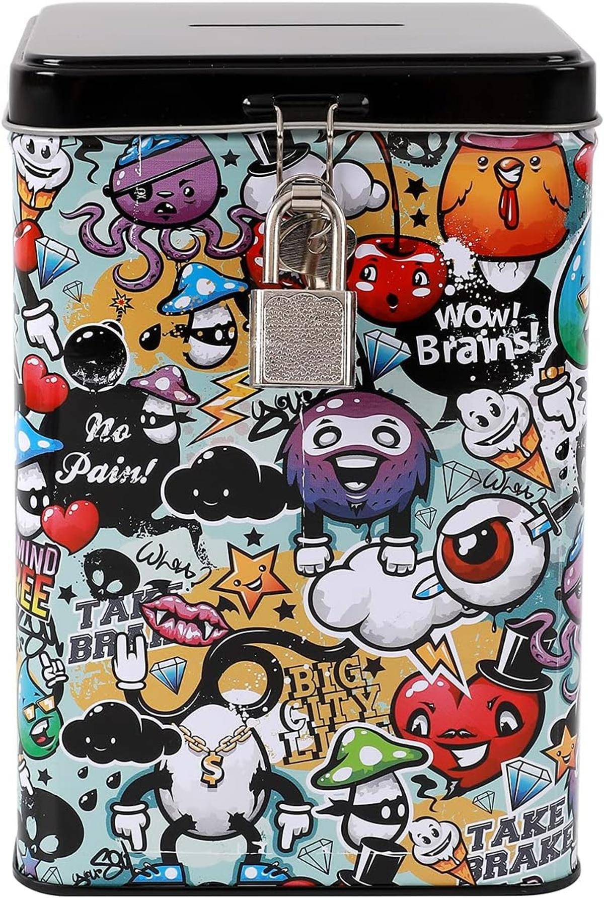 I-TOTAL® Spardose Vorhängeschloss Schlüssel Sparbüchse Metall Graffiti