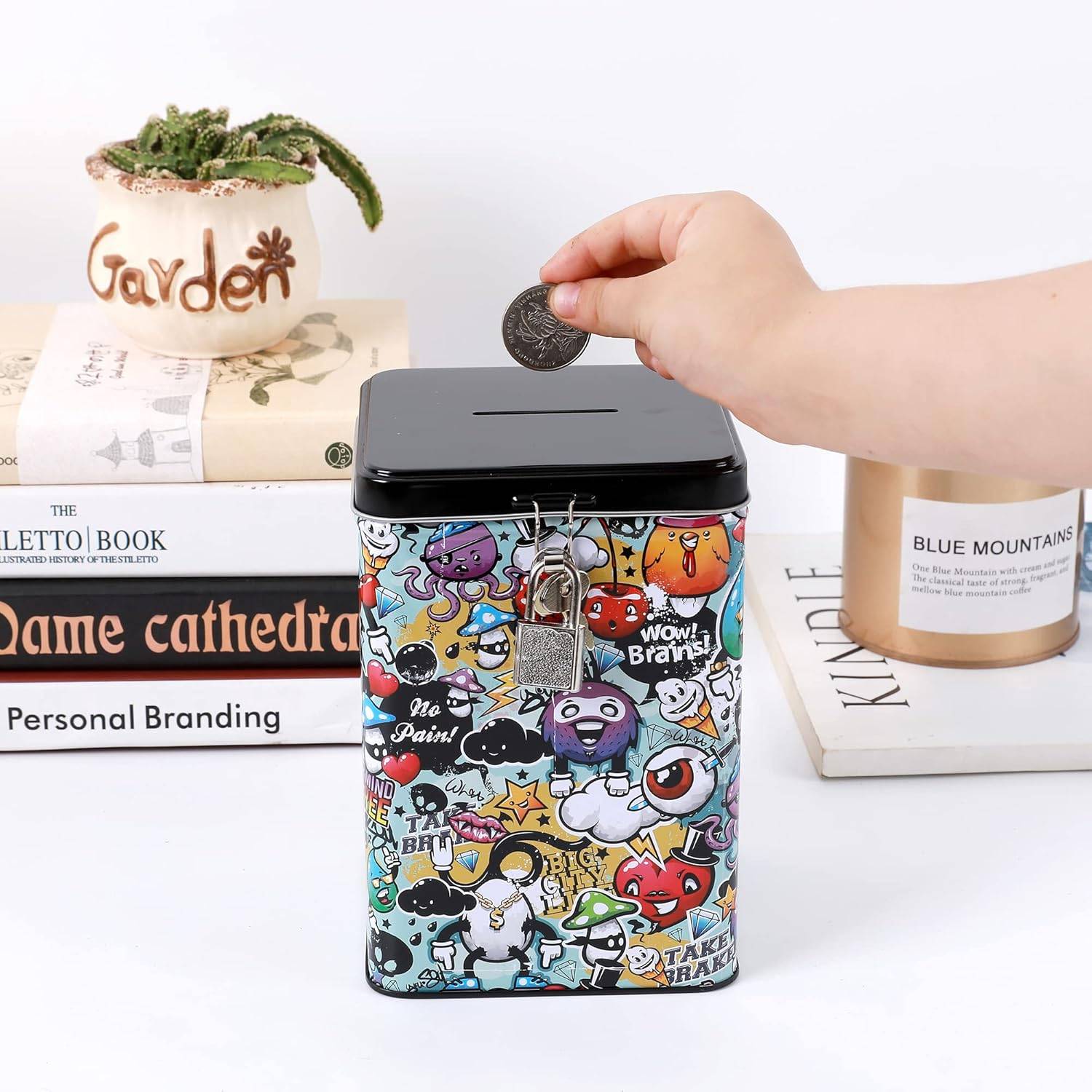 I-TOTAL® Spardose Vorhängeschloss Schlüssel Sparbüchse Metall Graffiti