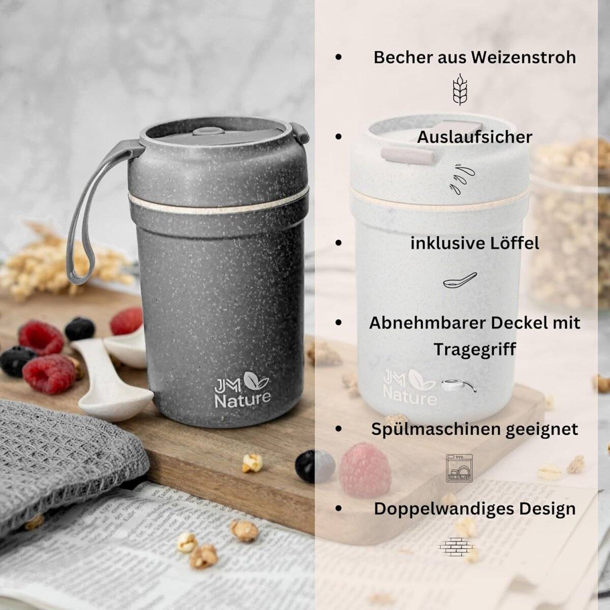 JM Nature Müslibecher To Go 2 Stk.  Nachhaltiger Joghurtbecher mit Deckel & Löffel 330 ml