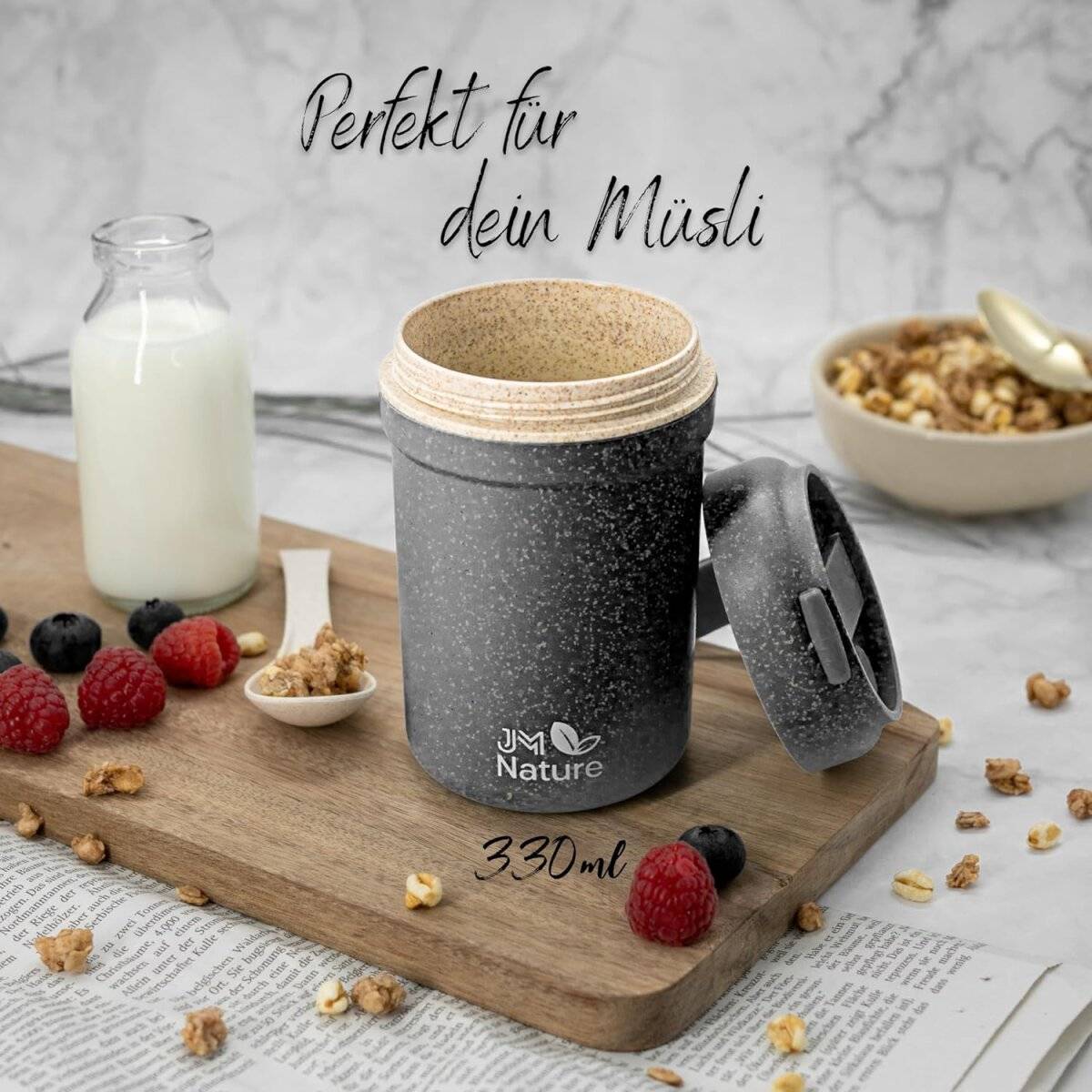 JM Nature Müslibecher To Go 2 Stk.  Nachhaltiger Joghurtbecher mit Deckel & Löffel 330 ml
