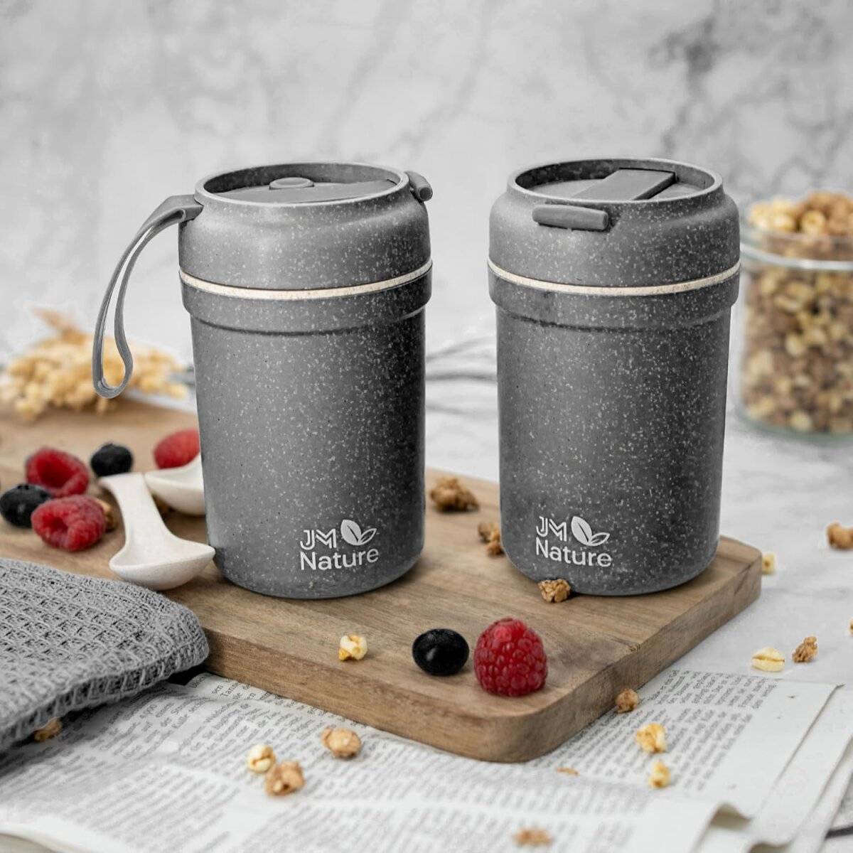 JM Nature Müslibecher To Go 2 Stk.  Nachhaltiger Joghurtbecher mit Deckel & Löffel 330 ml