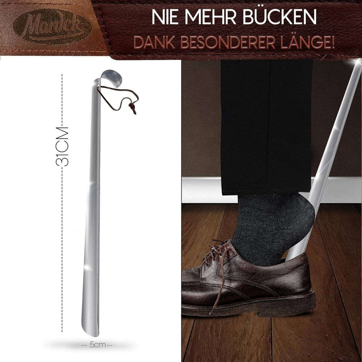 [2er Pack] Schuhlöffel Set Metall Schuhanzieher kurz & lang Ledergriff