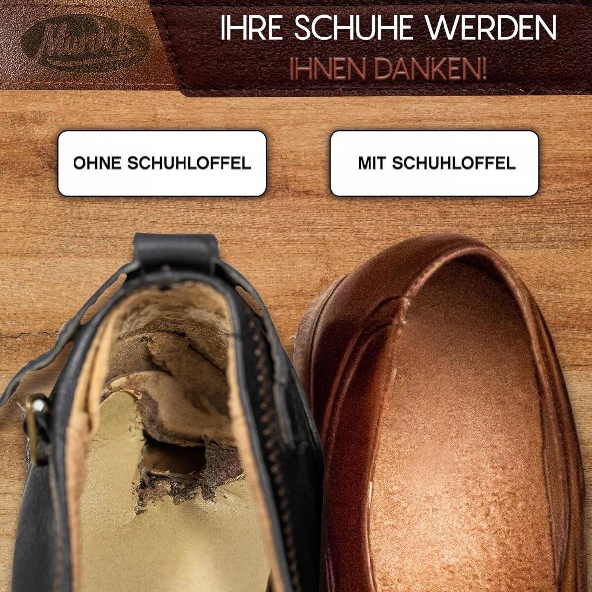 [2er Pack] Schuhlöffel Set Metall Schuhanzieher kurz & lang Ledergriff