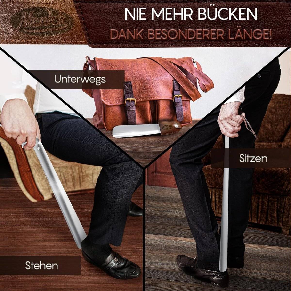 [2er Pack] Schuhlöffel Set Metall Schuhanzieher kurz & lang Ledergriff