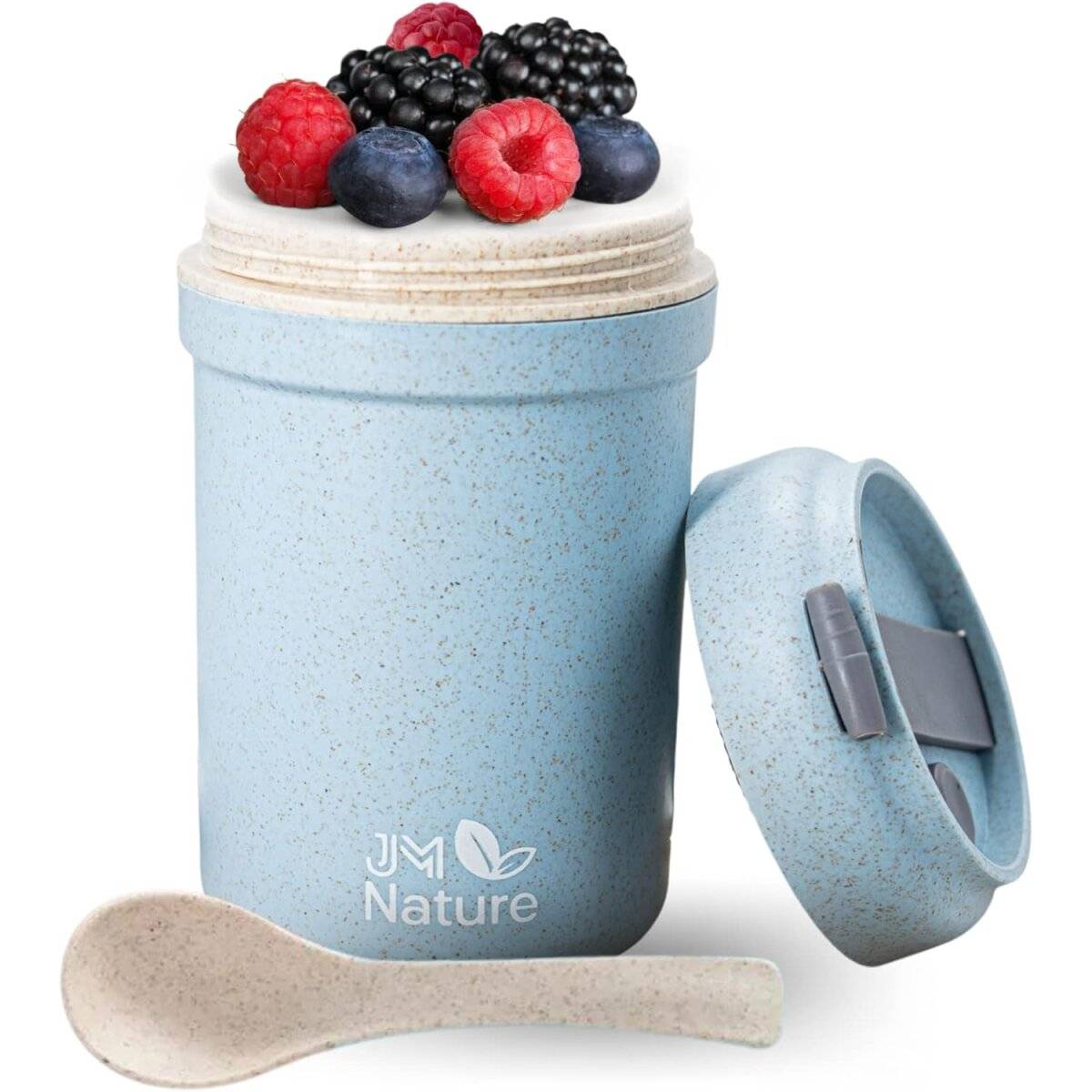 JM Nature To Go Müslibecher 2 Stück  Praktische Joghurtbecher mit Deckel & Löffel 330 ml Blau
