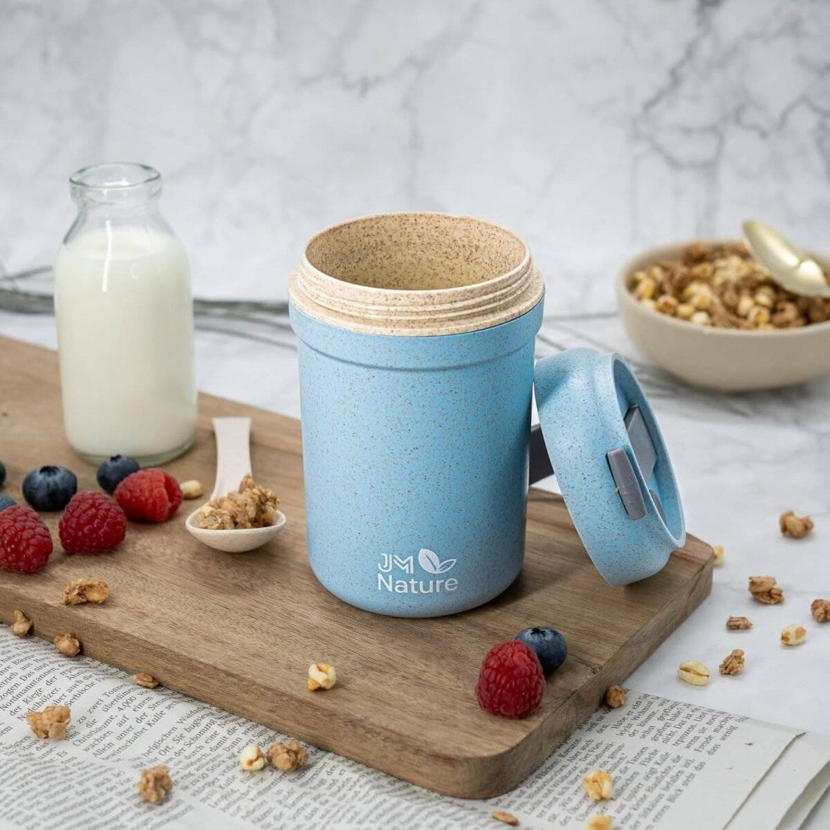 JM Nature To Go Müslibecher 2 Stück  Praktische Joghurtbecher mit Deckel & Löffel 330 ml Blau
