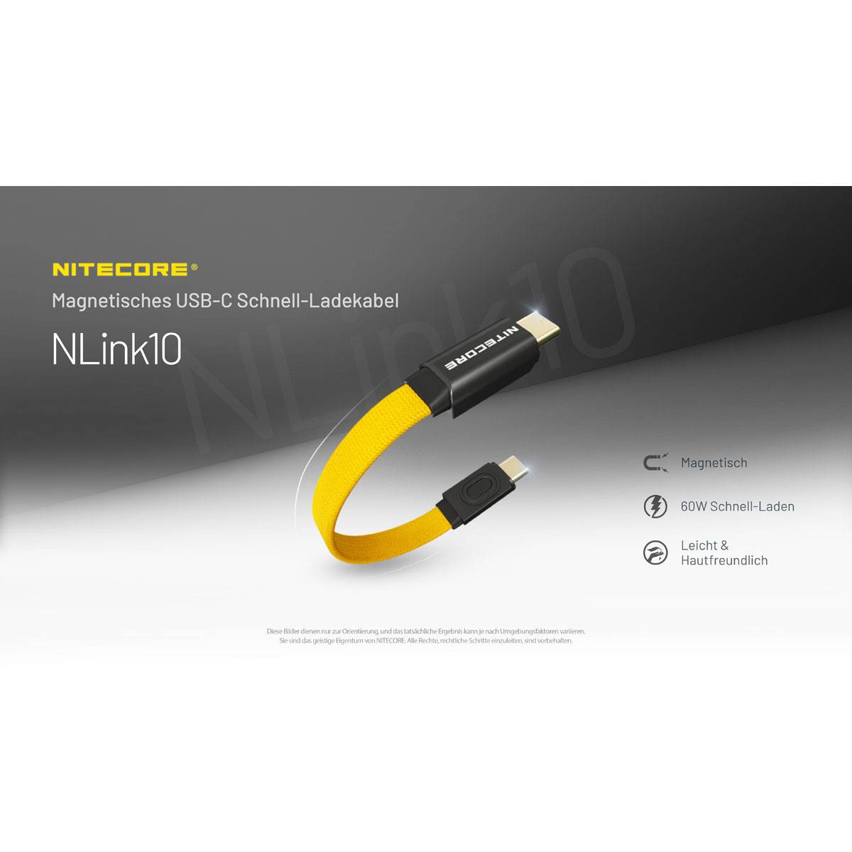 Nitecore NLink 10 USB-C Ladekabel 60W - Gelb/Schwarz