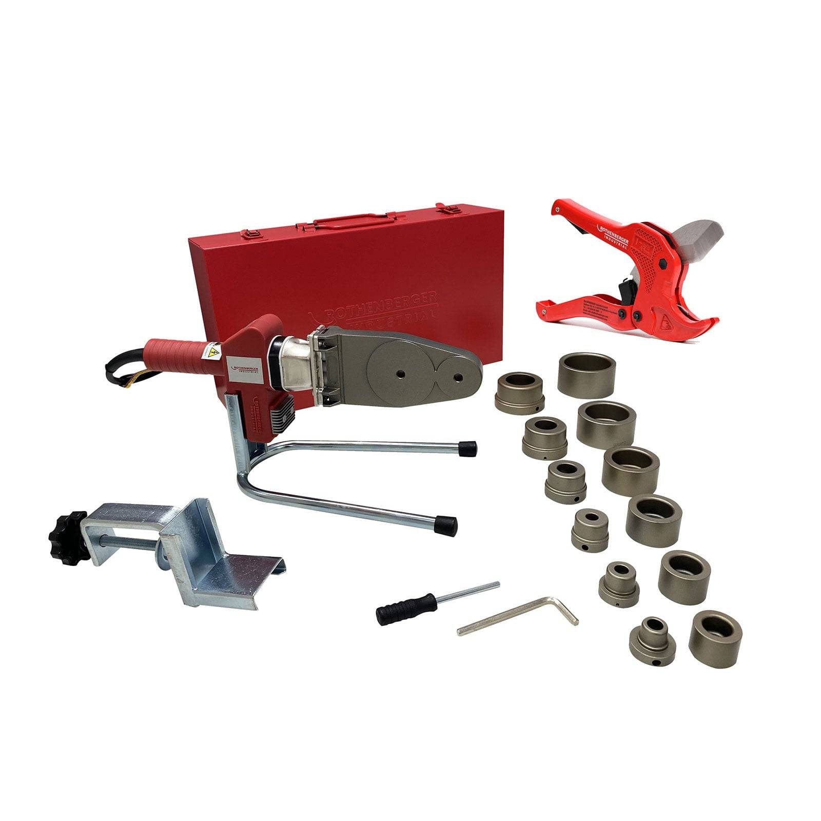 Rohrlötgarnitur mit rotem Transportkoffer, Schneider, verschiedenen Adaptergrößen und Zubehör für die Sanitärinstallation.