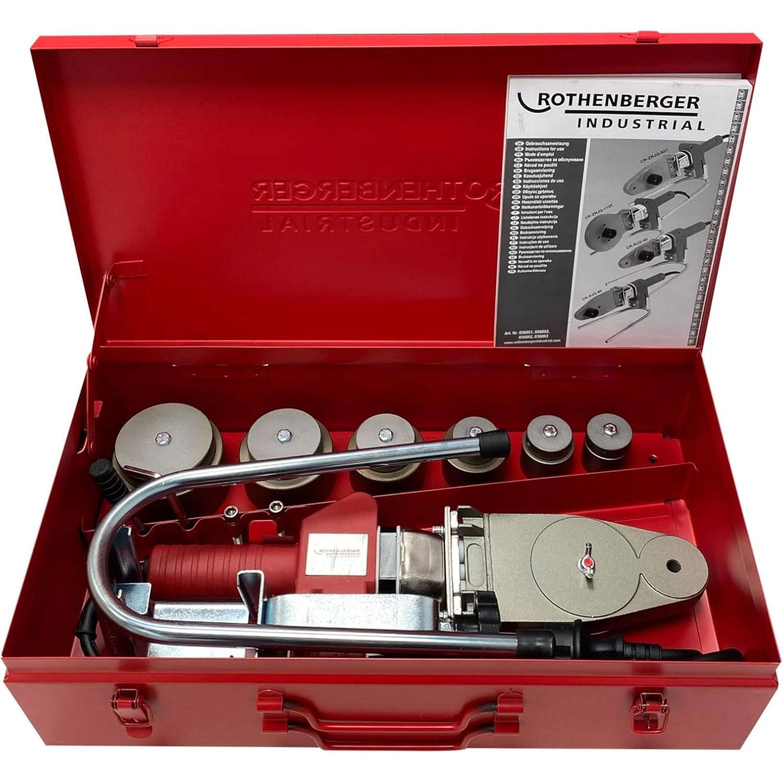 Ein roter Werkzeugkoffer, der eine Rothenberger Industrial Rohrverschweißungsmaschine mit verschiedenen Anschlüssen und Komponenten im Inneren enthält.
