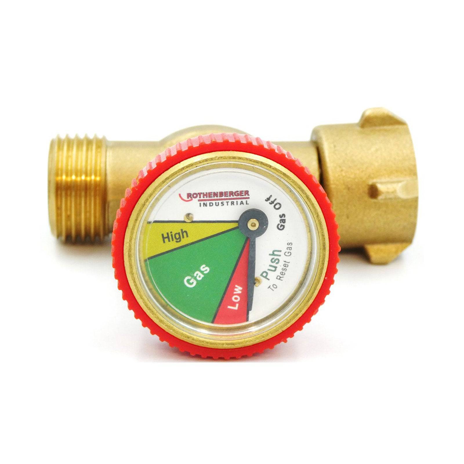 Manometer: Zeigt 'Gas'-Werte mit Rot für niedrig und Grün für hoch. Messingverbinder im Hintergrund, beschriftet mit 'ROTHENBERGER INDUSTRIAL.