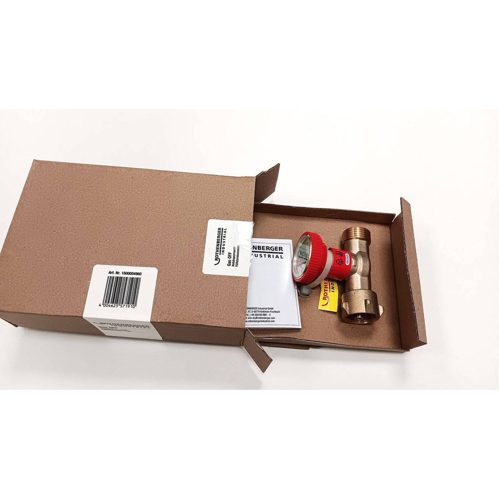 Das Bild zeigt eine geöffnete Pappschachtel, die ein Messingventil, eine rote Kappe und Papiere enthält. Die Schachtel ist mit 'Viega MegaPress Industrial' beschriftet.