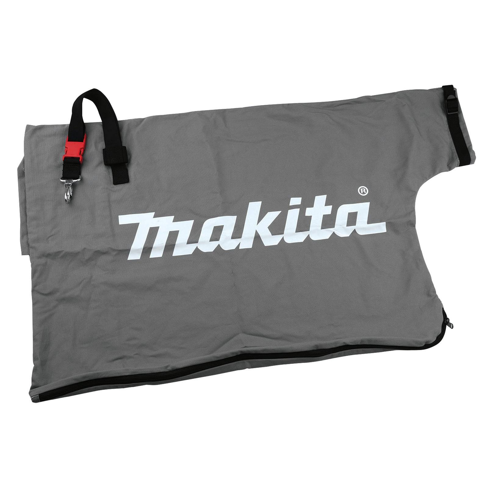Ein großer grauer Stoffbeutel mit dem Wort 'Makita' in fetten weißen Buchstaben, der zum Auffangen von Staub von einem Makita-Werkzeug verwendet wird.