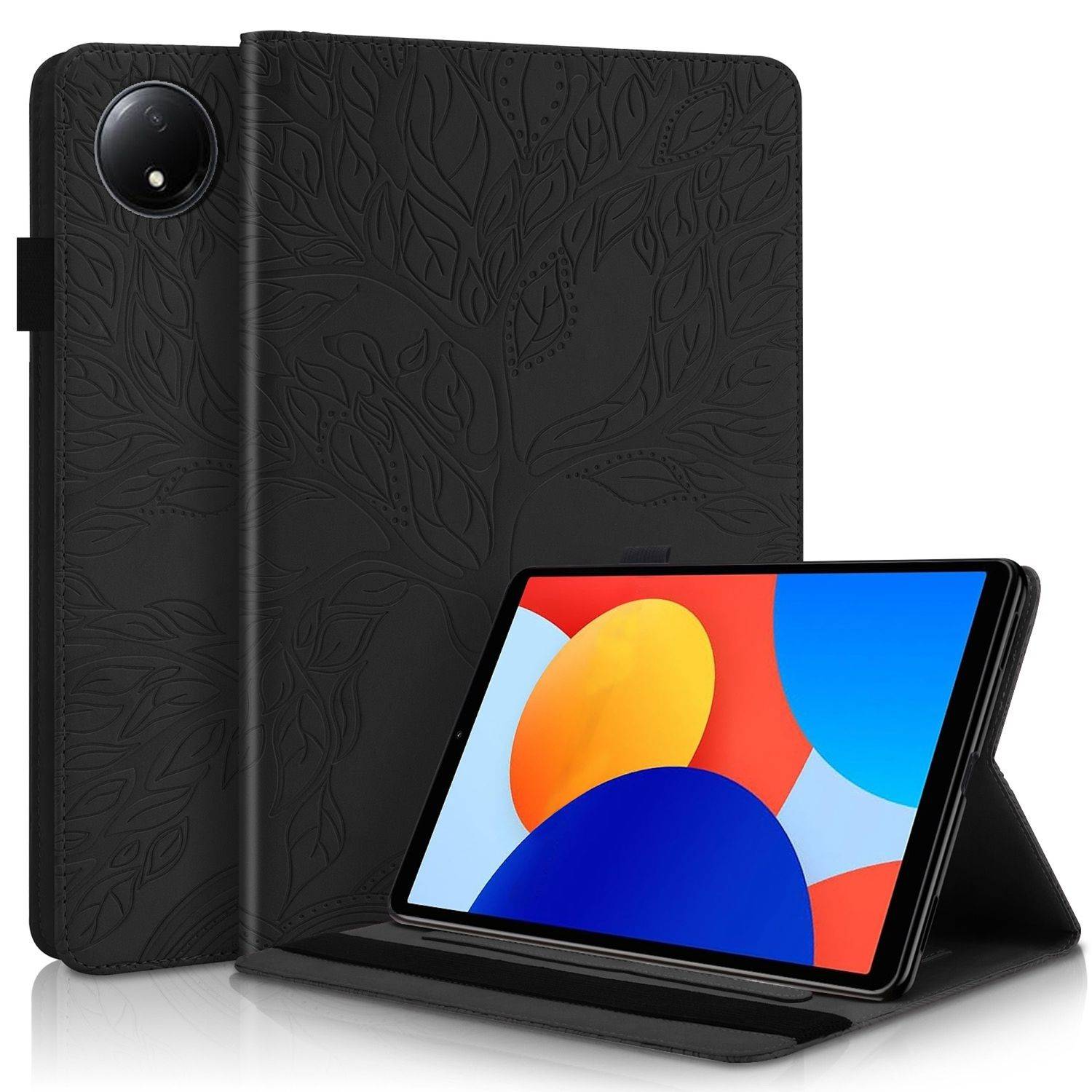 Für Xiaomi Redmi Pad SE 8.7 aufstellbare Baum Muster Kunstleder Hülle Tasche Case Schwarz
