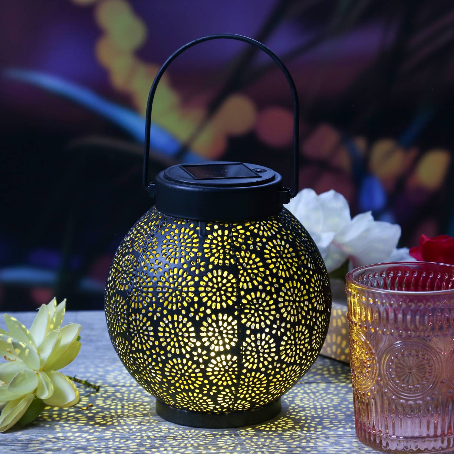 LED Solar Laterne marokkanisch hängend stehend schwarz gold Sensor Garten 14,5cm