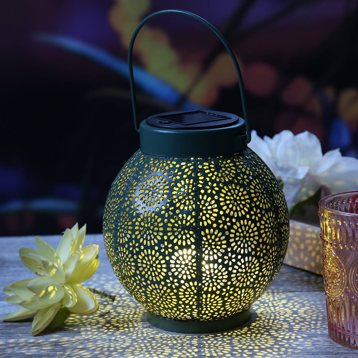 LED Solar Laterne marokkanisch hängend stehend grün gold Sensor Garten 14,5cm