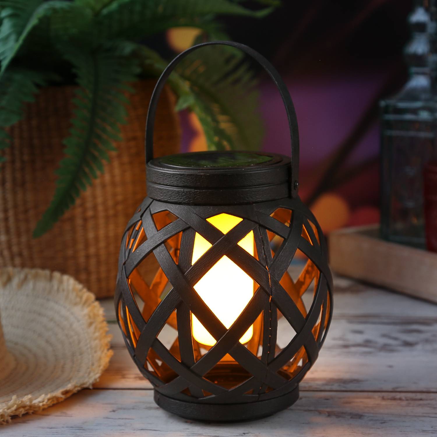 LED Solar Laterne Flammeneffekt Dekolaterne flackernd H: 16cm schwarz Windlicht