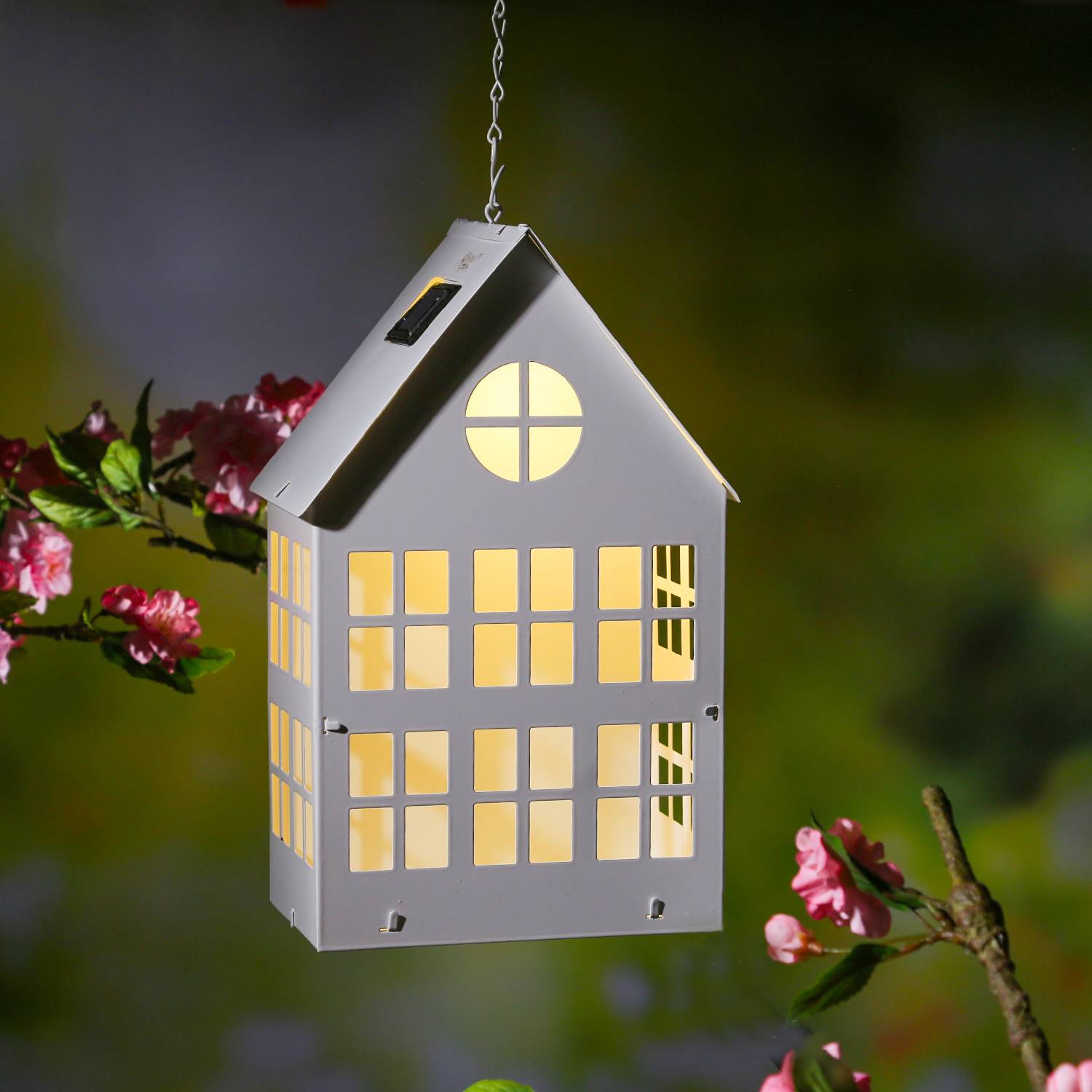 LED Solar Haus Lichterhaus DIY Deko Laterne Metall Lichtsensor H: 28cm für Außen