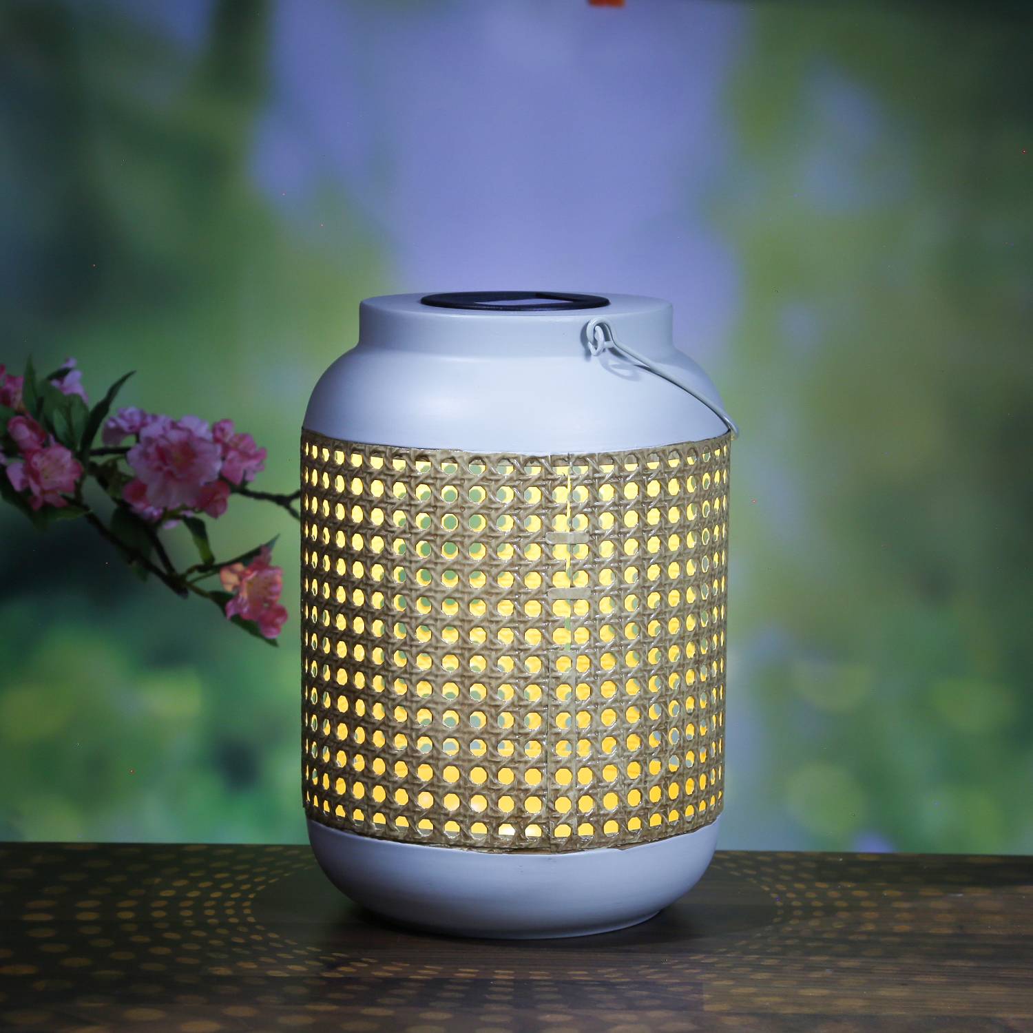 LED Solar Laterne Boho Bambus Optik Terassenleuchte Sensor Garten 28cm