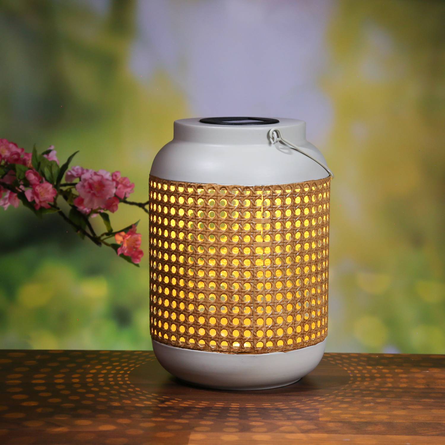 LED Solar Laterne Boho Bambus Optik Terassenleuchte Sensor Garten 28cm