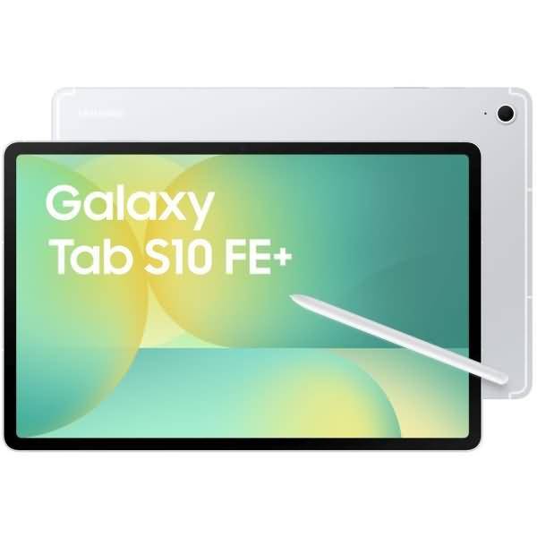 Samsung Galaxy Tab S10 FE+ Tablet von vorne und hinten gezeigt, mit einem weißen Stift auf dem Bildschirm, der den Produktnamen anzeigt.