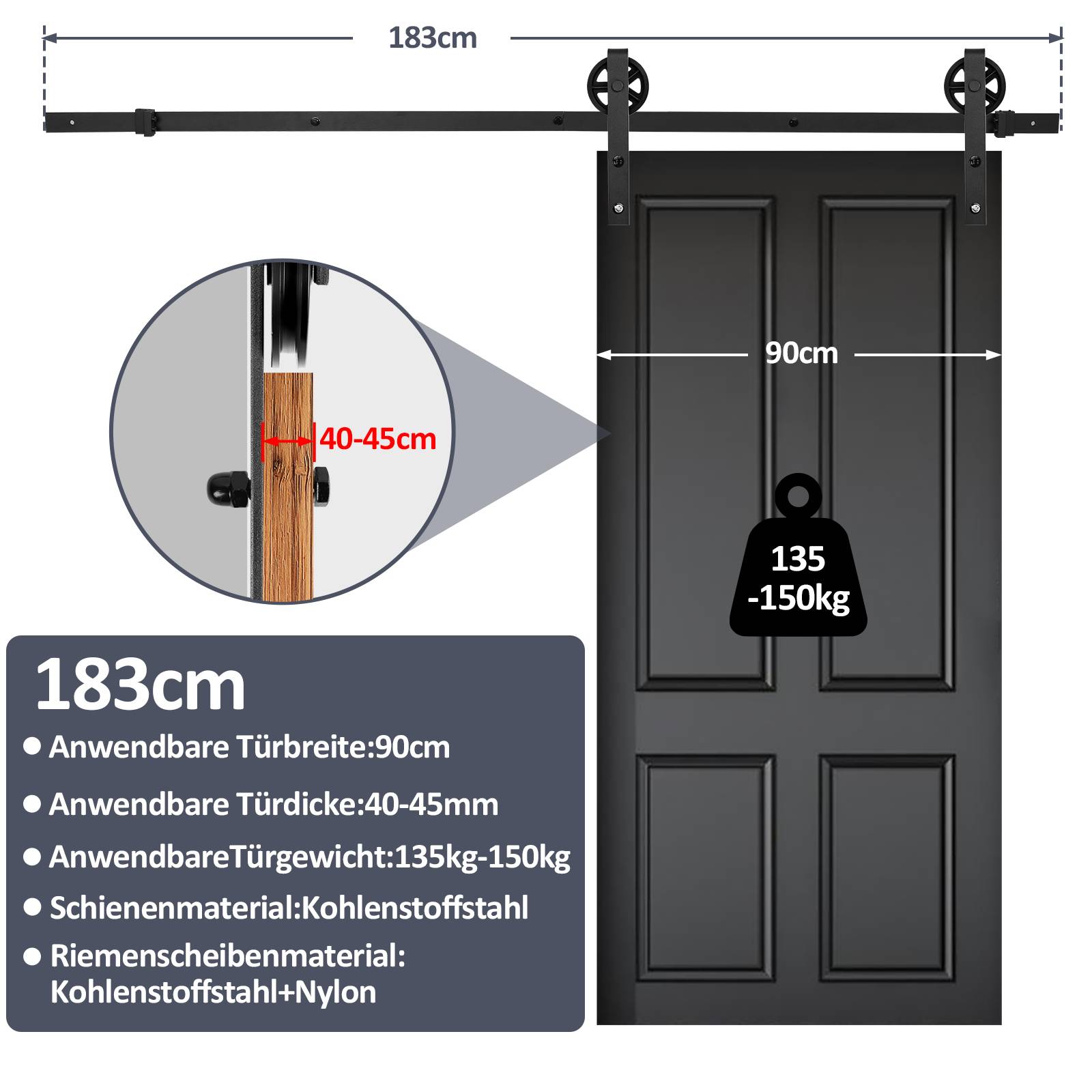 Schiebetürbeschlag Zimmertür Türbeschlag Big Wheel Scheunentor Belastung 150kg Laufschienen Schiebetürsystem Set 183 cm Großrad