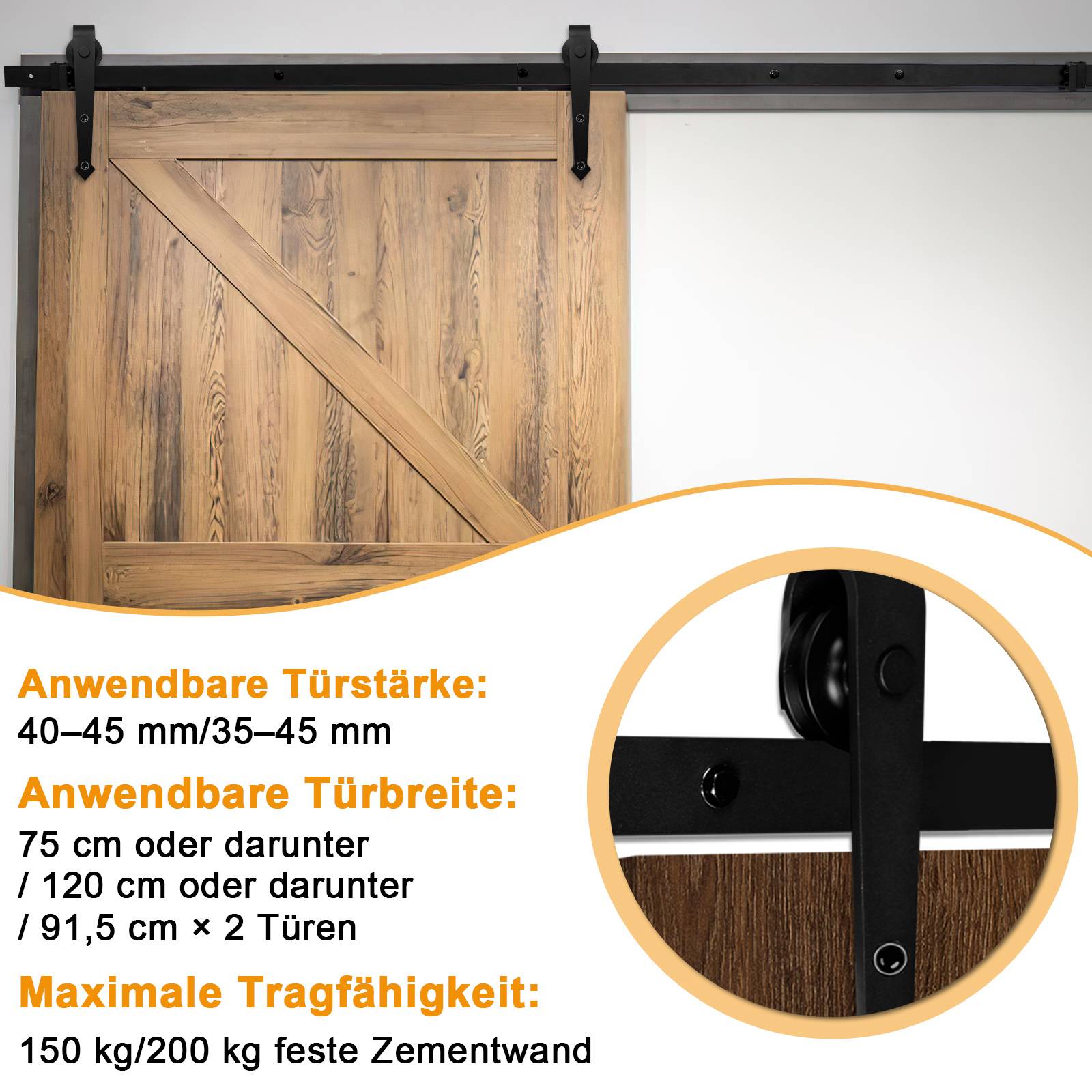Schiebetürbeschlag Zimmertür Türbeschlag Big Wheel Scheunentor Belastung 150kg Laufschienen Schiebetürsystem Set 363 cm Pfeils